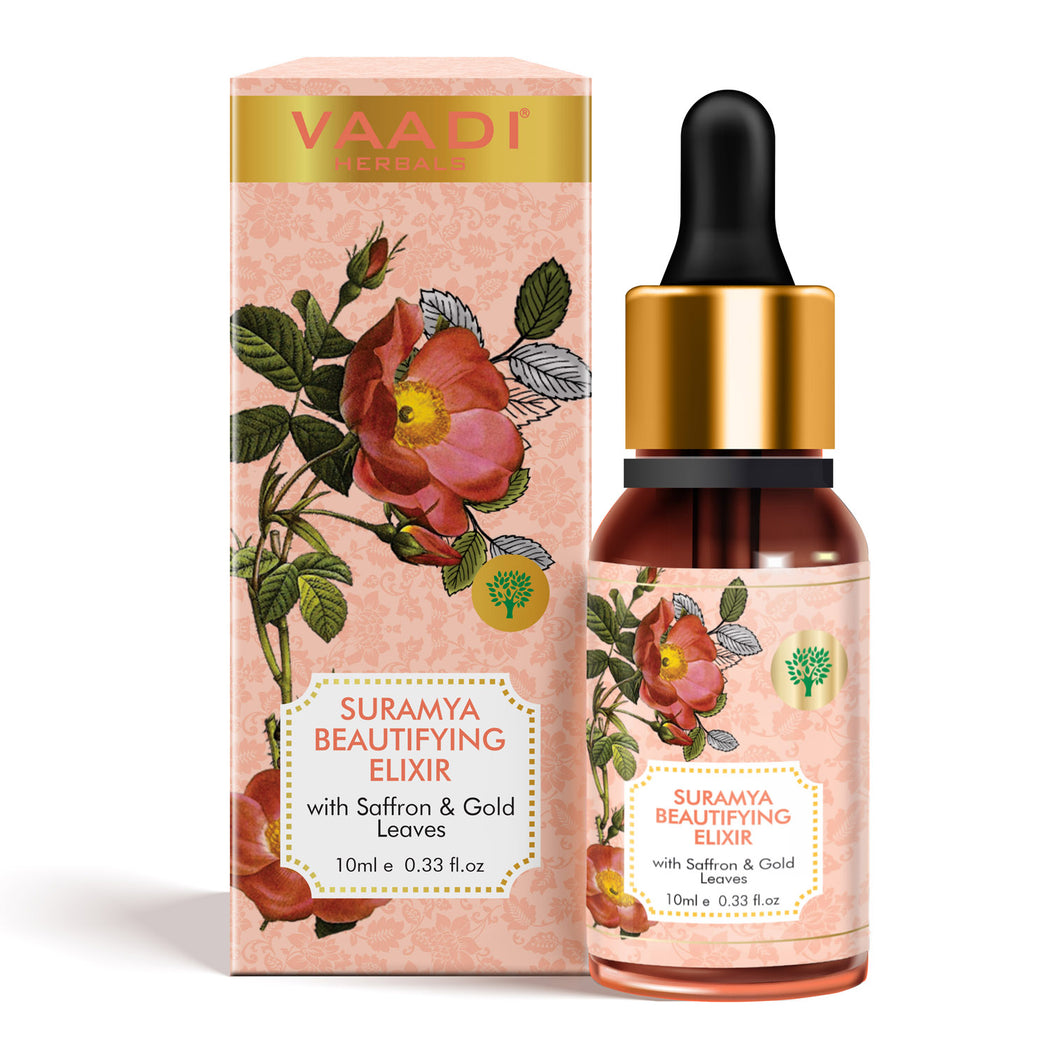 Organic Suramya Beautifying Elixr (Pure Mix of Saffron, 24k Gold Leaves & Sweet Almond Oil) - Reduces Fine Lines, Improves Skin Complexion & Gives a Natural Glow (10 ml/ 0.33 oz)