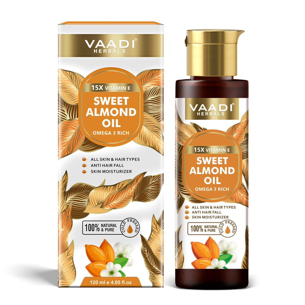 Organic Sweet Almond Oil with Vitamin E - Anti Hair Fall - Removes Dark Circles - Skin Moisturiser - Promotes Hair Growth - Cold Pressed (120 ml / 4.05 oz)