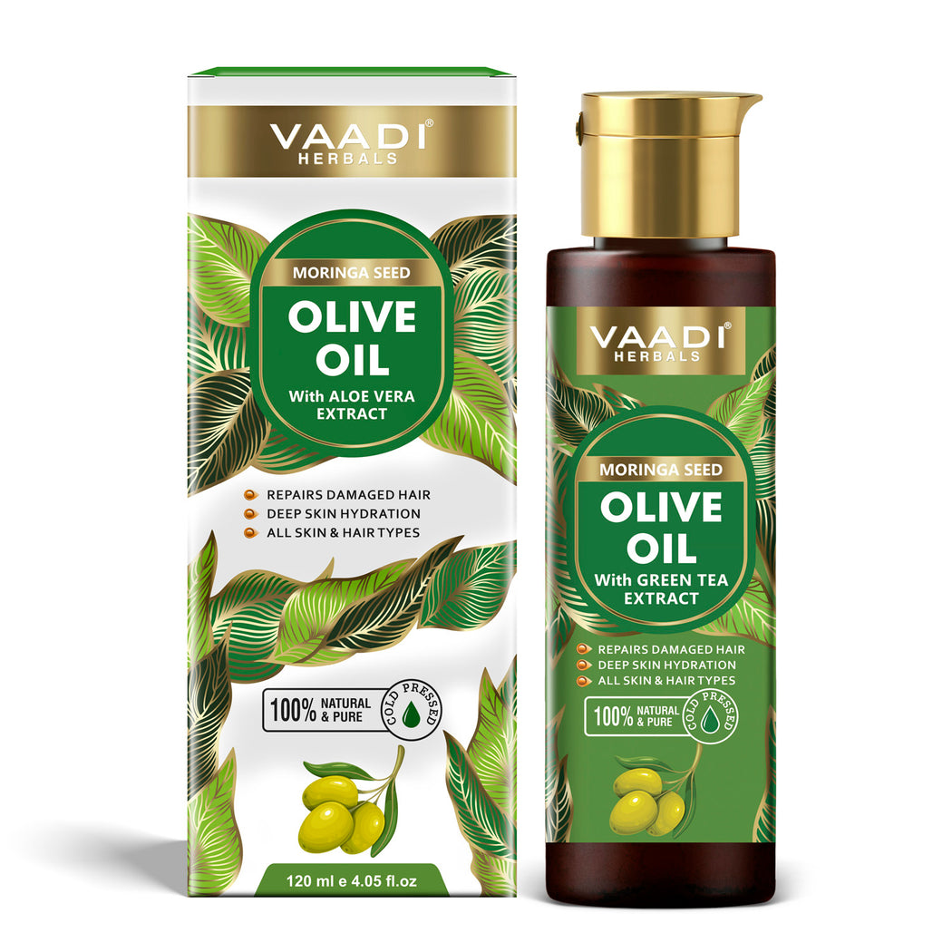 Organic Moringa Seed Olive Oil with Green Tea Extract - Repairs Damaged Hair - Deep Moisturisation - Skin Hydrating - Strengthens Hair - For All Types of Skin & Hair - Cold Pressed (120 ml / 4.05 oz)