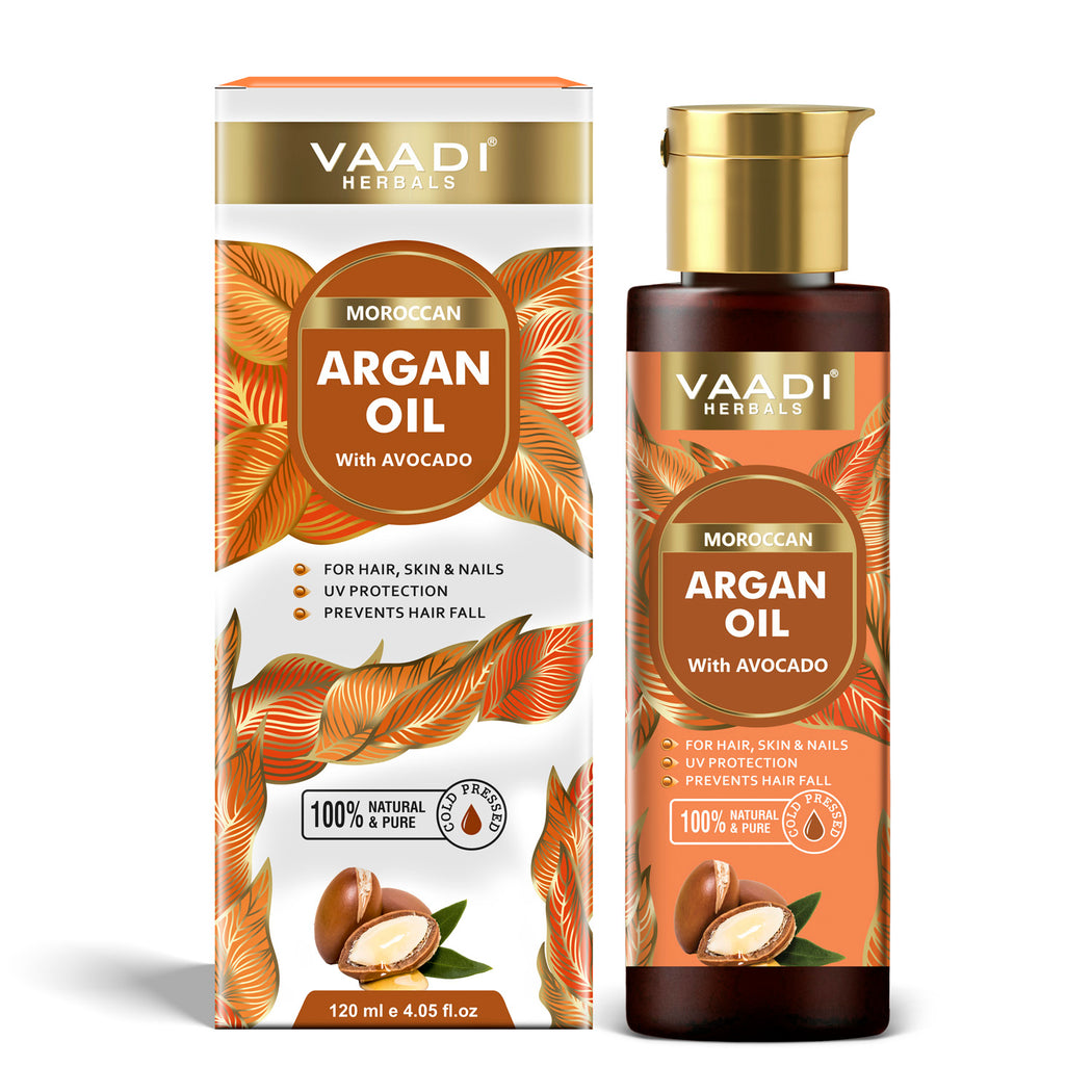 Organic Morrocon Argan Oil with Avocado - For Hair, Skin & Nails - Promotes Hair Growth - Skin Moisturisation - Healthy Nail Growth - UV Protection - Cold Pressed (120 ml / 4.05 oz)