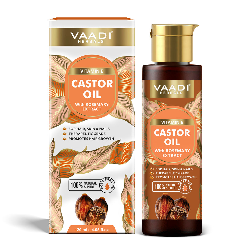 Organic Vitamin E Castor Oil with Rosemary Extract - For Hair, Skin & Nails - Promotes Hair Growth - Skin Hydrating - Strengthens Nails - Provides Shine - Reduces Hair Breakage - Cold Pressed (120 ml / 4.05 oz)