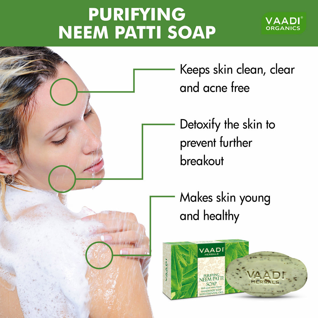 Organic Neem Soap with Pure Neem Leaves - Detoxifies Skin - Prevents Skin Breakouts (6 x 75 gms / 2.7 oz)