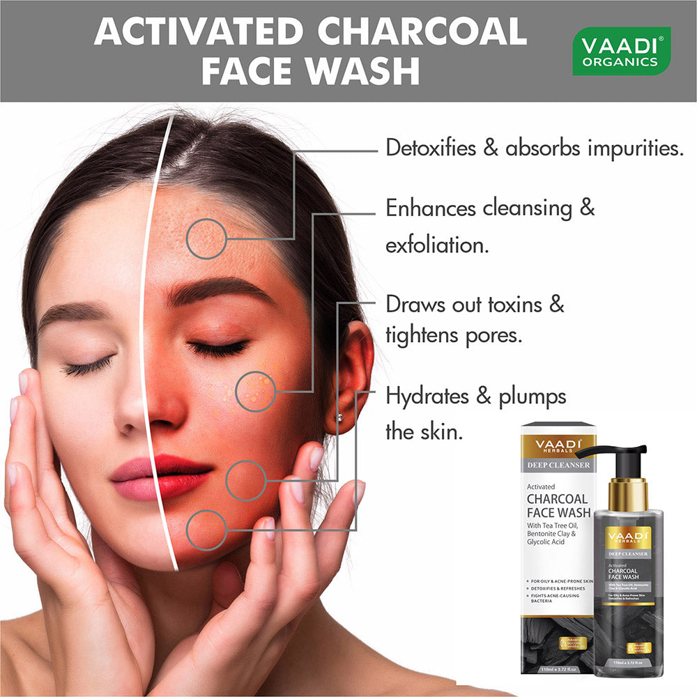 Activated Charcoal Face Wash with Tea Tree Oil, Bentonite Clay & Glycolic Acid| For Oily & Acne-Prone Skin| Detoxifies & Refreshes| Deep Purify| No Parabens, Mineral, Silicone| Face Wash for Women & Men ( 250 ml )