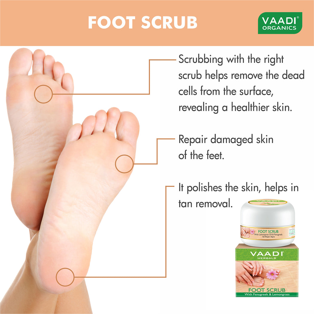 Organic Foot Scrub with Fenugreek & Lemongrass Oil - Therapeutic Exfoliates - Rejuvenates Damaged Skin - Softens Skin (3 x 30 gms / 1.1 oz)