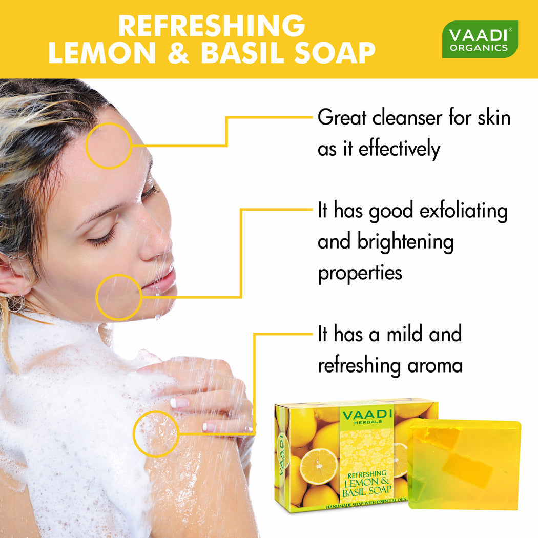 Refreshing Organic Lemon & Basil Soap - Tones & Brightens Skin - Detoxifies Skin Deep (12 x 75 gms / 2.7 oz)