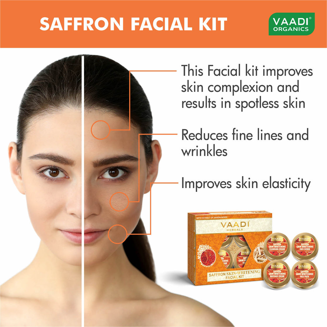 Skin Whitening Organic Saffron Facial Kit with Sandalwood oil, Orange Peel, Lemograss & Shea Butter - Lightens Skin Tone (110 gms/4 oz)