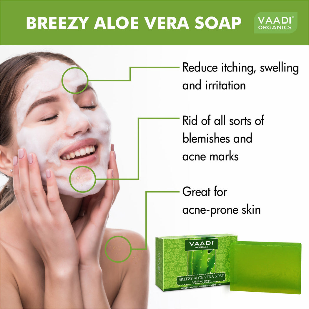 Breezy Organic Aloe Vera Soap with Honey - Anti Infective Therapy - Cleanses & Soothes Skin (6 x 75 gms / 2.7 oz)