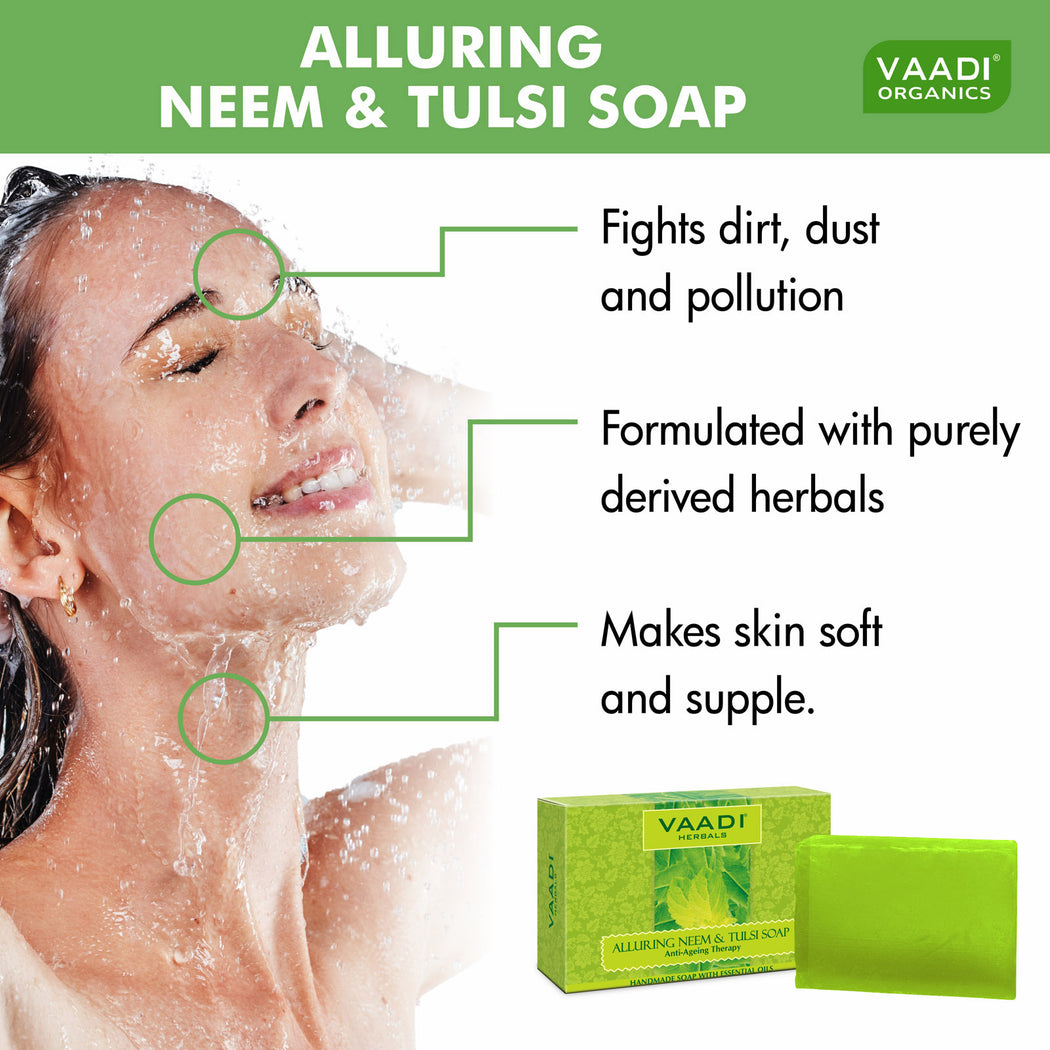 Organic Alluring Neem Tulsi Soap with Aloe Vera, Vitamin E & Tea Tree Oil - Prevents Ageing - Protects Skin (12 x 75 gms / 2.7 oz)