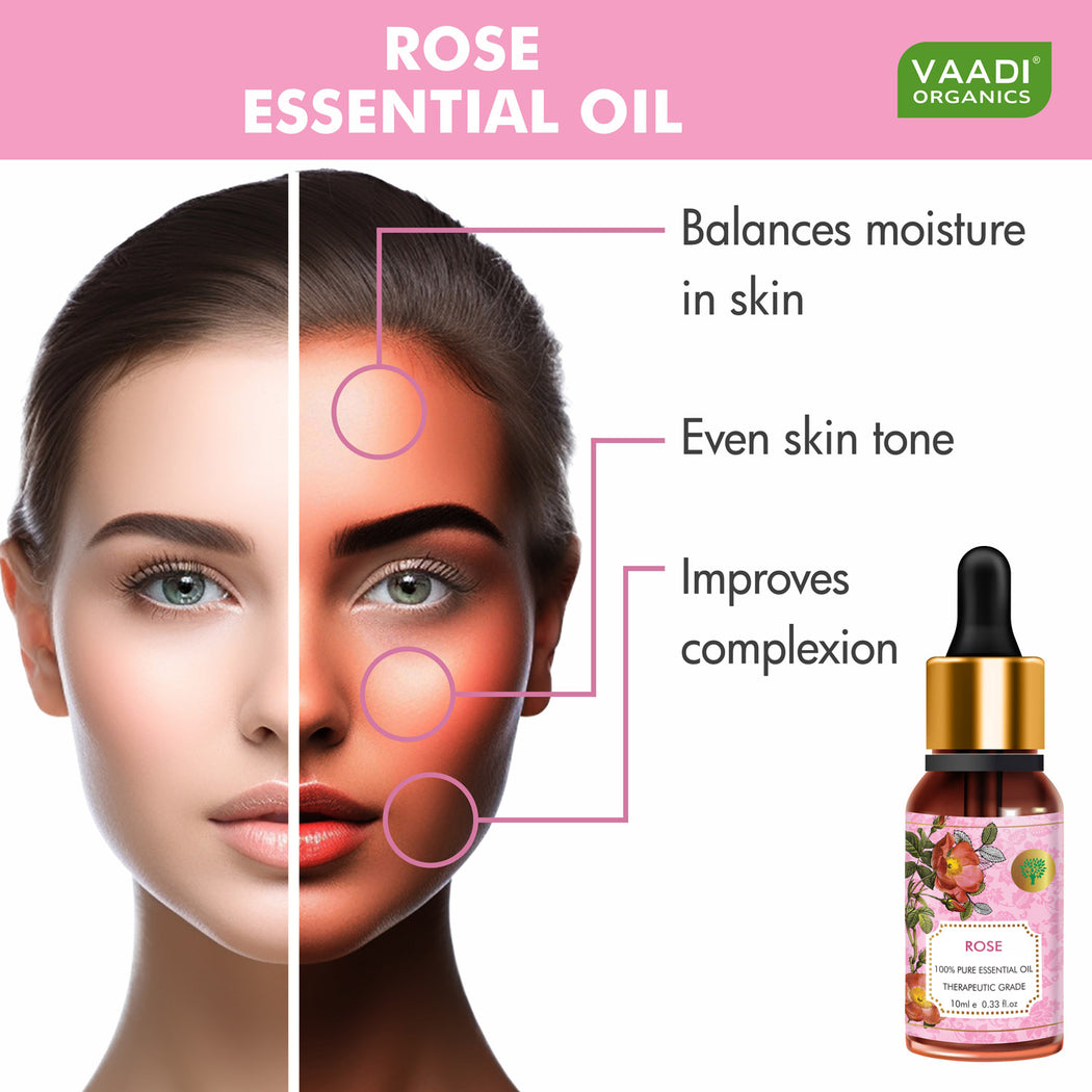 Organic Rose Essential Oil - Improves Complexion, Evens Skin Tone - 100% Pure Therapeutic Grade (10 ml)