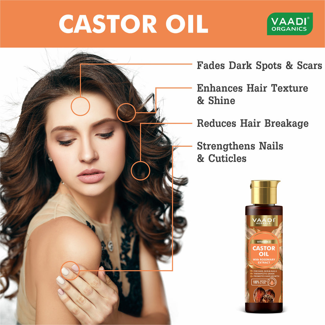 Organic Vitamin E Castor Oil with Rosemary Extract - For Hair, Skin & Nails - Promotes Hair Growth - Skin Hydrating - Strengthens Nails - Provides Shine - Reduces Hair Breakage - Cold Pressed (120 ml / 4.05 oz)