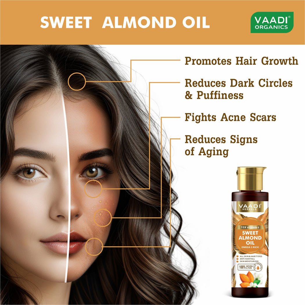 Organic Sweet Almond Oil with Vitamin E - Anti Hair Fall - Removes Dark Circles - Skin Moisturiser - Promotes Hair Growth - Cold Pressed (120 ml / 4.05 oz)