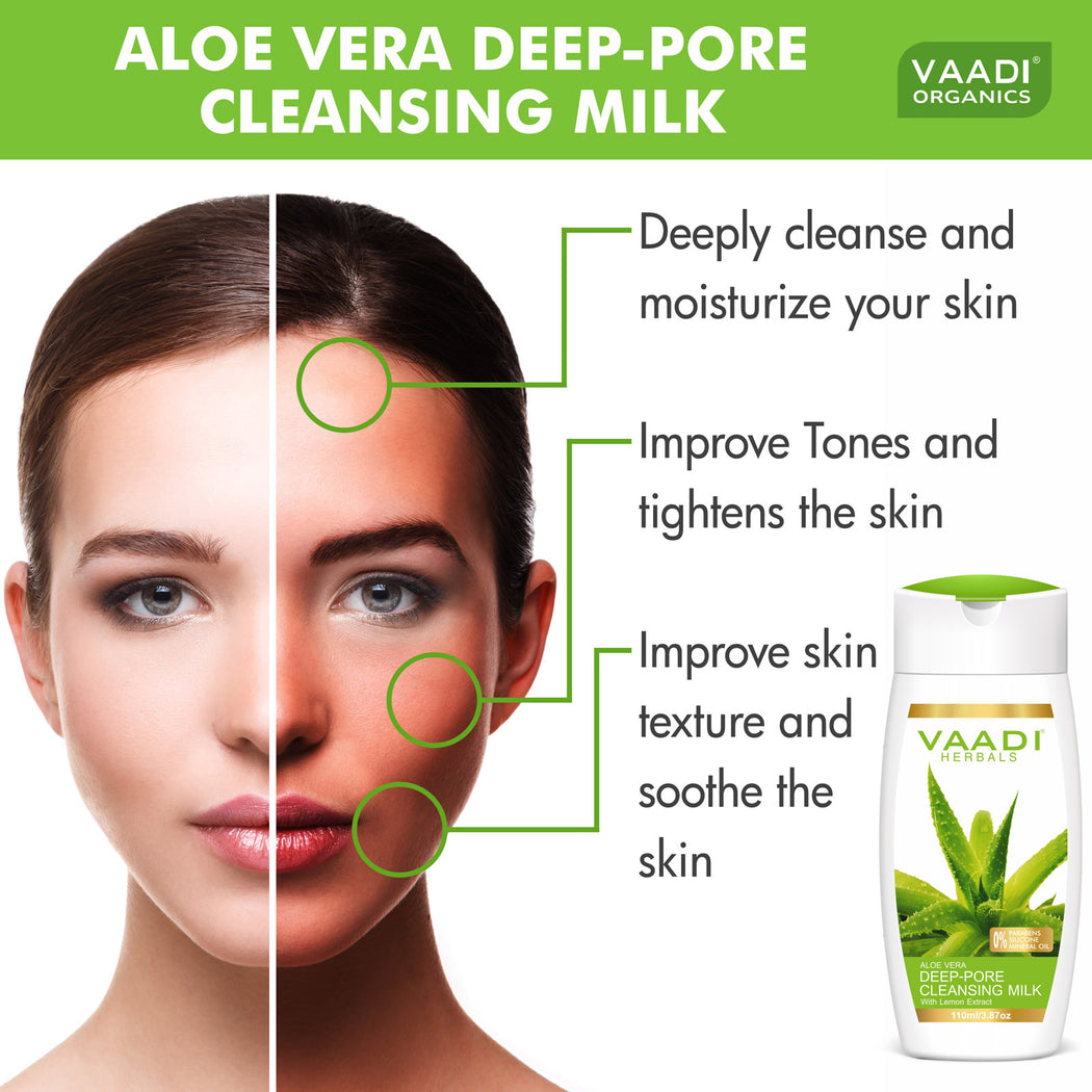 Organic Aloe Vera Deep Pore Cleansing Milk with Lemon Extract - Cleanses & Softens Skin - Locks In Moisture All Day (110 ml/ 4 fl oz)