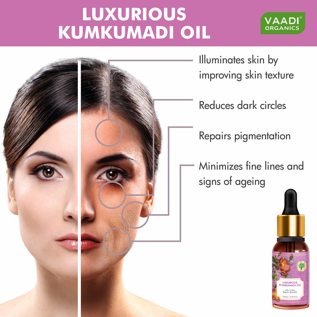 Organic Luxurious Kumkumadi Oil (Pure Mix of Saffron, Sandalwood, Manjistha & Almond Oil) - Reduces Dark Circles, Pigmentation & Brightens Complexion (10 ml/ 0.33 oz)