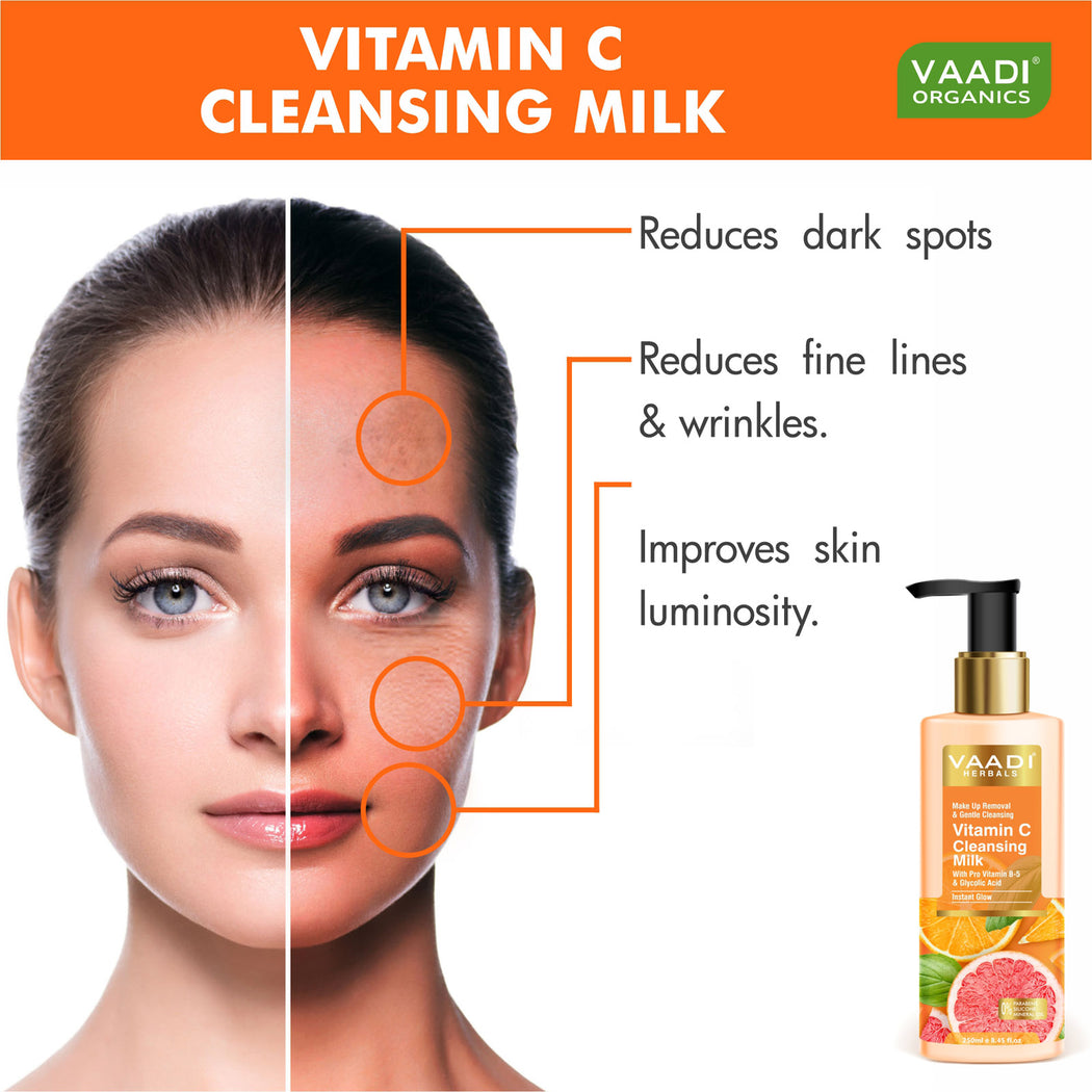 Organic Vitamin C Cleansing Milk With Pro Vitamin B-5 & Glycolic Acid For Instant Glow (250 ml / 8.5 fl oz )