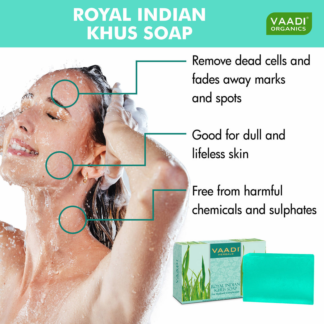 Royal India Organic Khus (Vetiver) Soap with Olive & Soyabean Oil - Rejuvenates Skin - Boosts Cellular Renewal ( 75 gms / 2.7 oz)