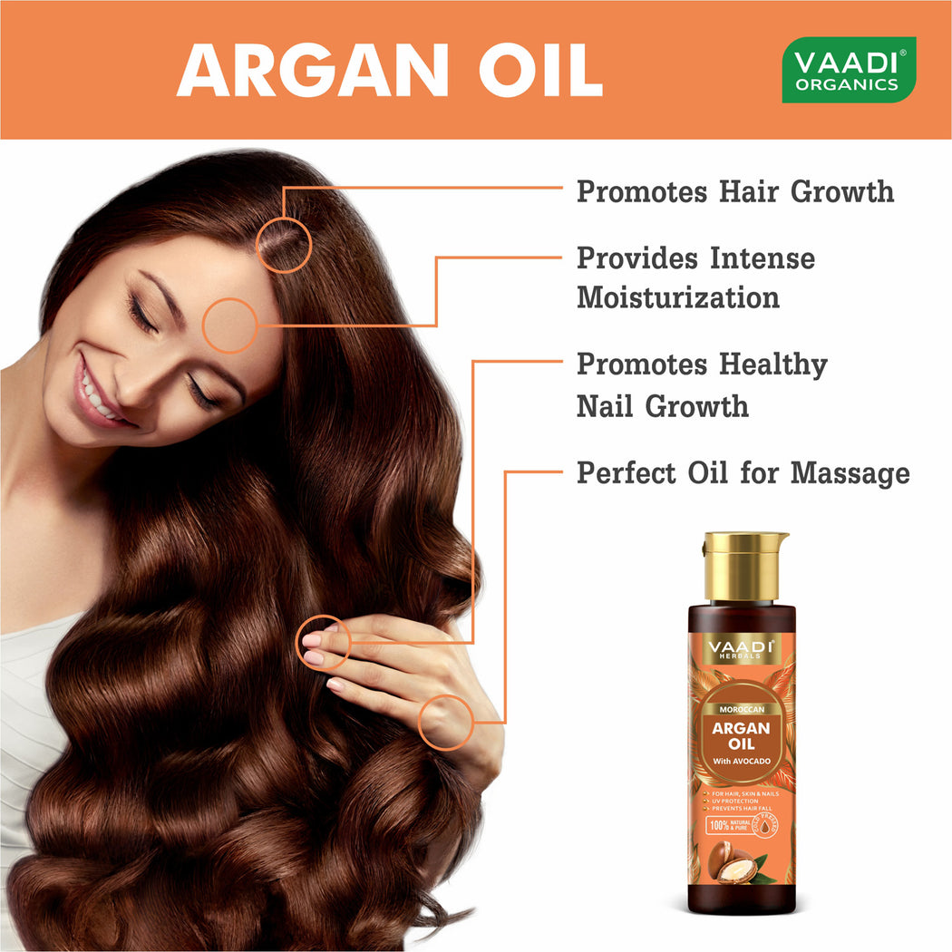 Organic Morrocon Argan Oil with Avocado - For Hair, Skin & Nails - Promotes Hair Growth - Skin Moisturisation - Healthy Nail Growth - UV Protection - Cold Pressed (120 ml / 4.05 oz)