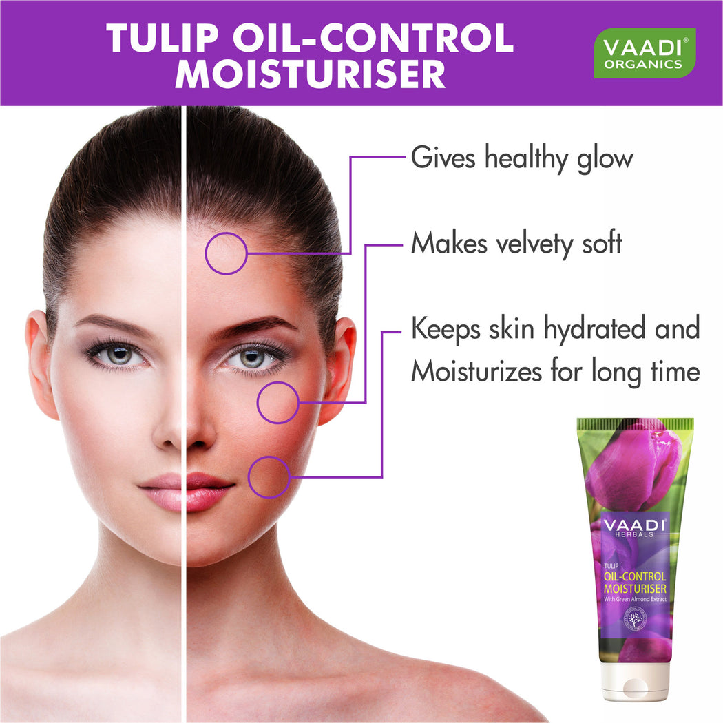 Organic Tulip Oil Control Moisturiser with Green Almond Extract - Keeps Skin Oil Free - Makes Skin Feathery Soft (60 ml/ 2.1 fl oz)