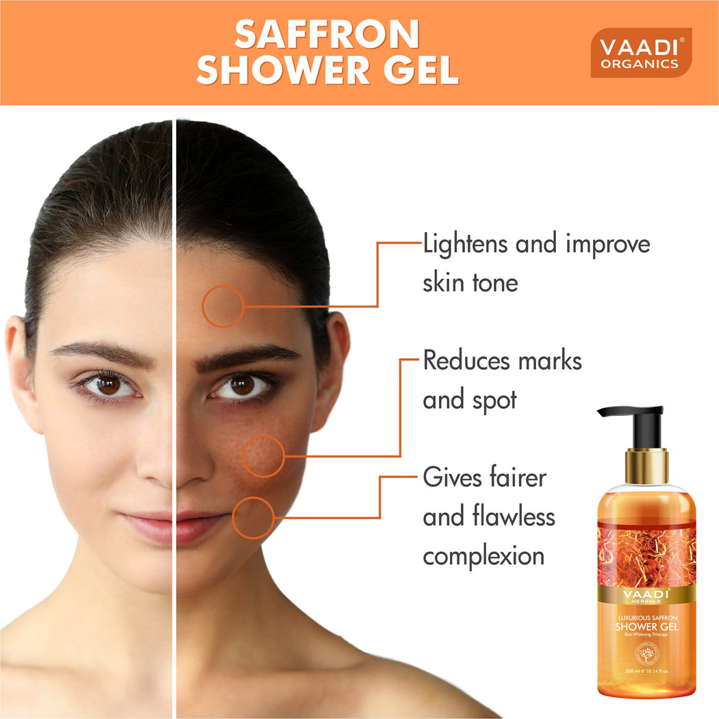 Luxurious Organic Saffron Shower Gel - Skin Lightening Therapy - Reduces Pigmentation Marks (300 ml / 10.2 fl oz)