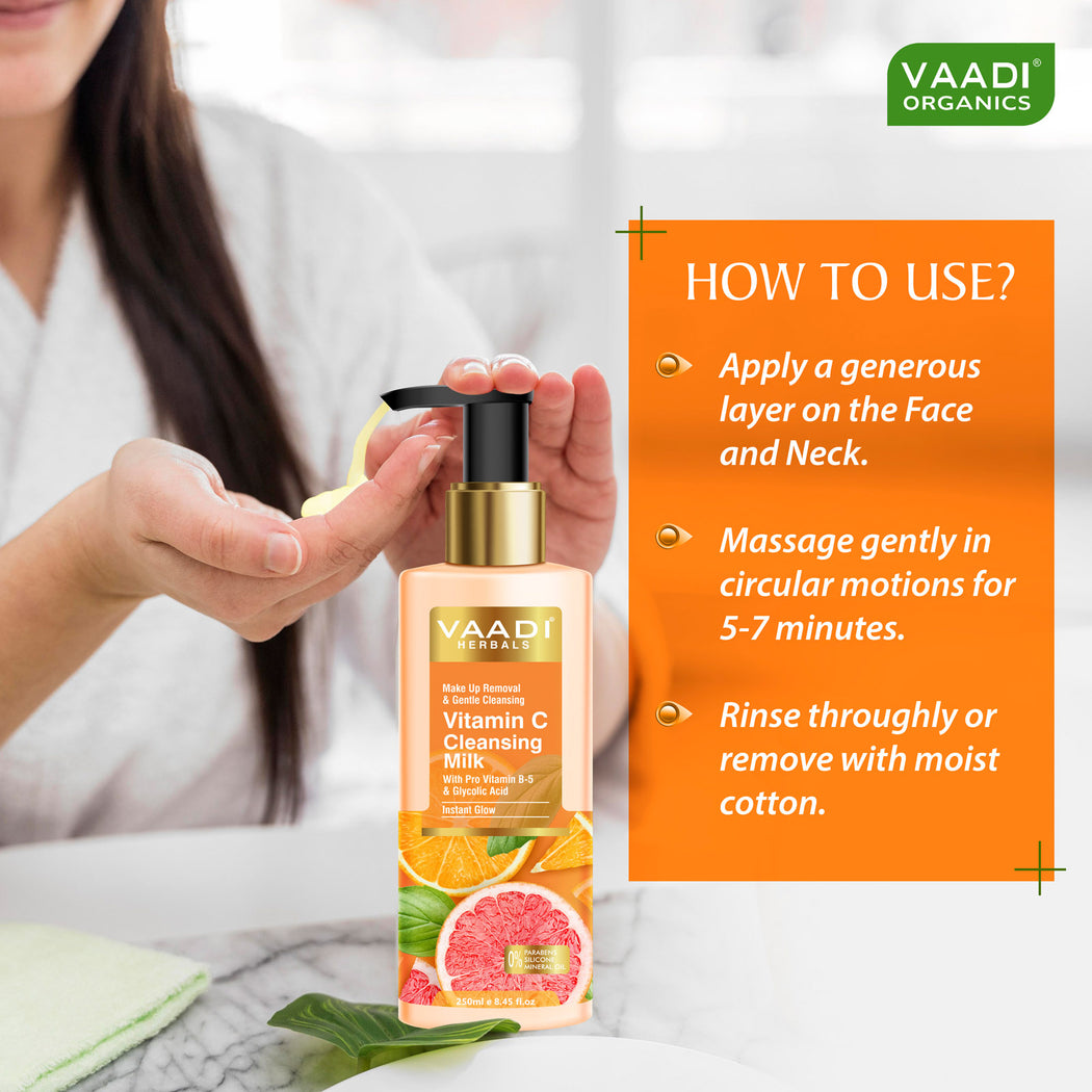Organic Vitamin C Cleansing Milk With Pro Vitamin B-5 & Glycolic Acid For Instant Glow (250 ml / 8.5 fl oz )