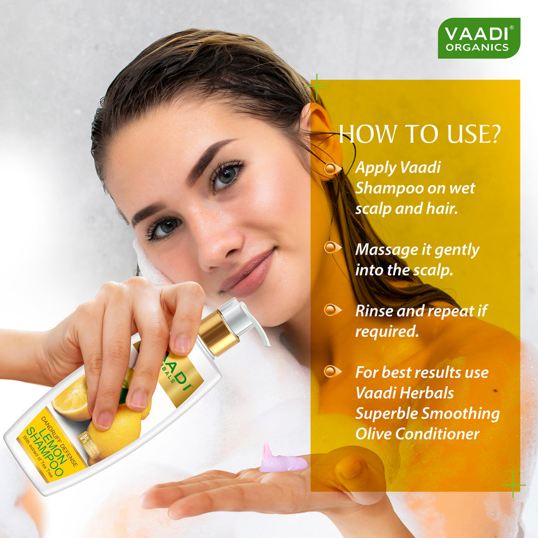 Dandruff Defense Organic Lemon Shampoo with Tea Tree Extract - Disinfects Scalp - Prevents Hairfall (3 x 350 ml/ 12 fl oz)
