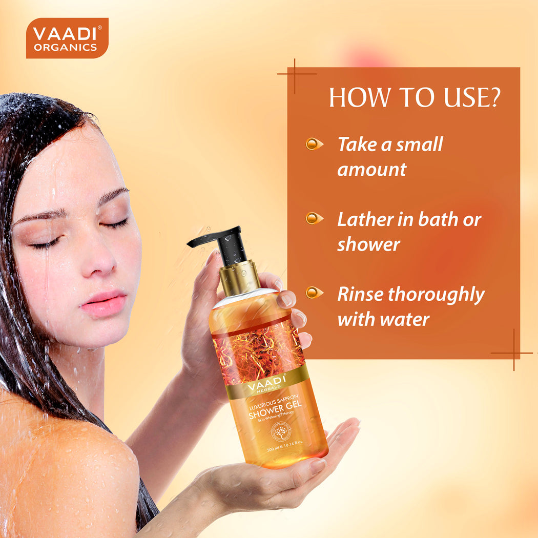Luxurious Organic Saffron Shower Gel - Skin Lightening Therapy - Reduces Pigmentation Marks (300 ml / 10.2 fl oz)