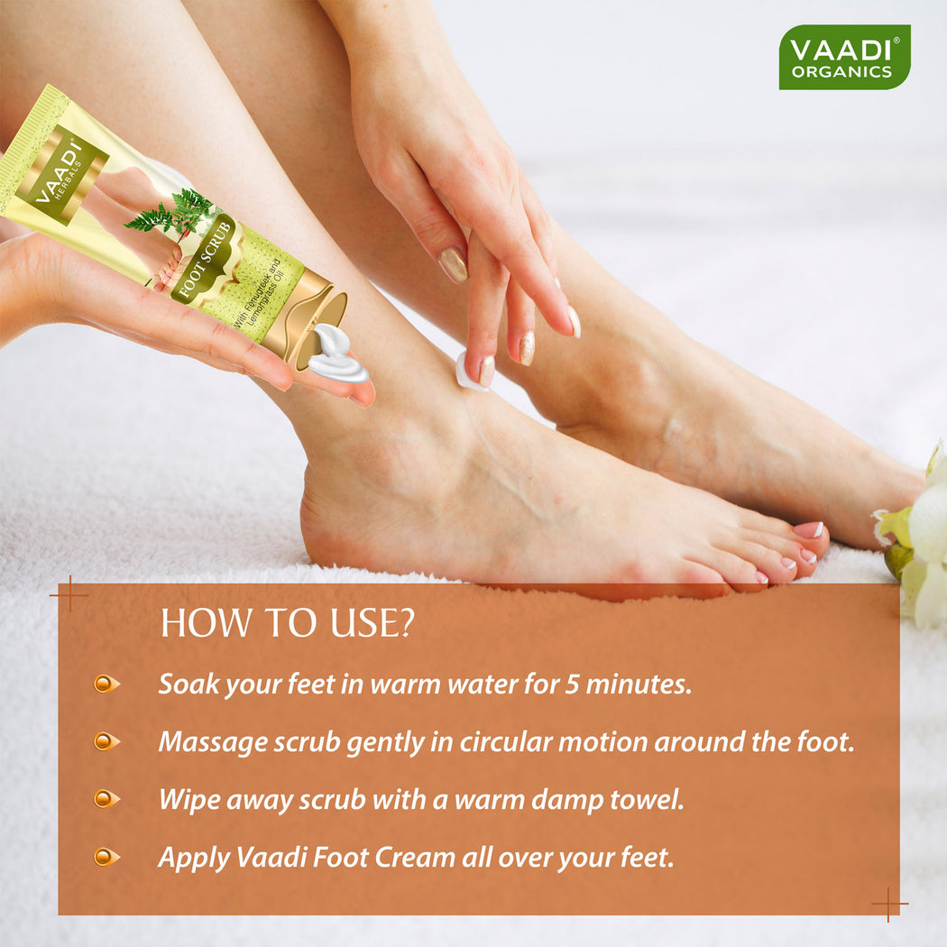 Organic Foot Scrub with Fenugreek & Lemongrass Oil - Therapeutic Exfoliates - Rejuvenates Damaged Skin - Softens Skin (2 x 110 gms / 4 oz)