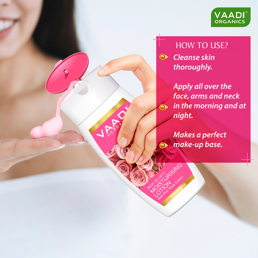 Organic Rich Velvety Moisturising Lotion with Pink Rose Extract - Retains Moisture in Skin - Makes Skin Velvety Soft (110 ml / 4 fl oz)