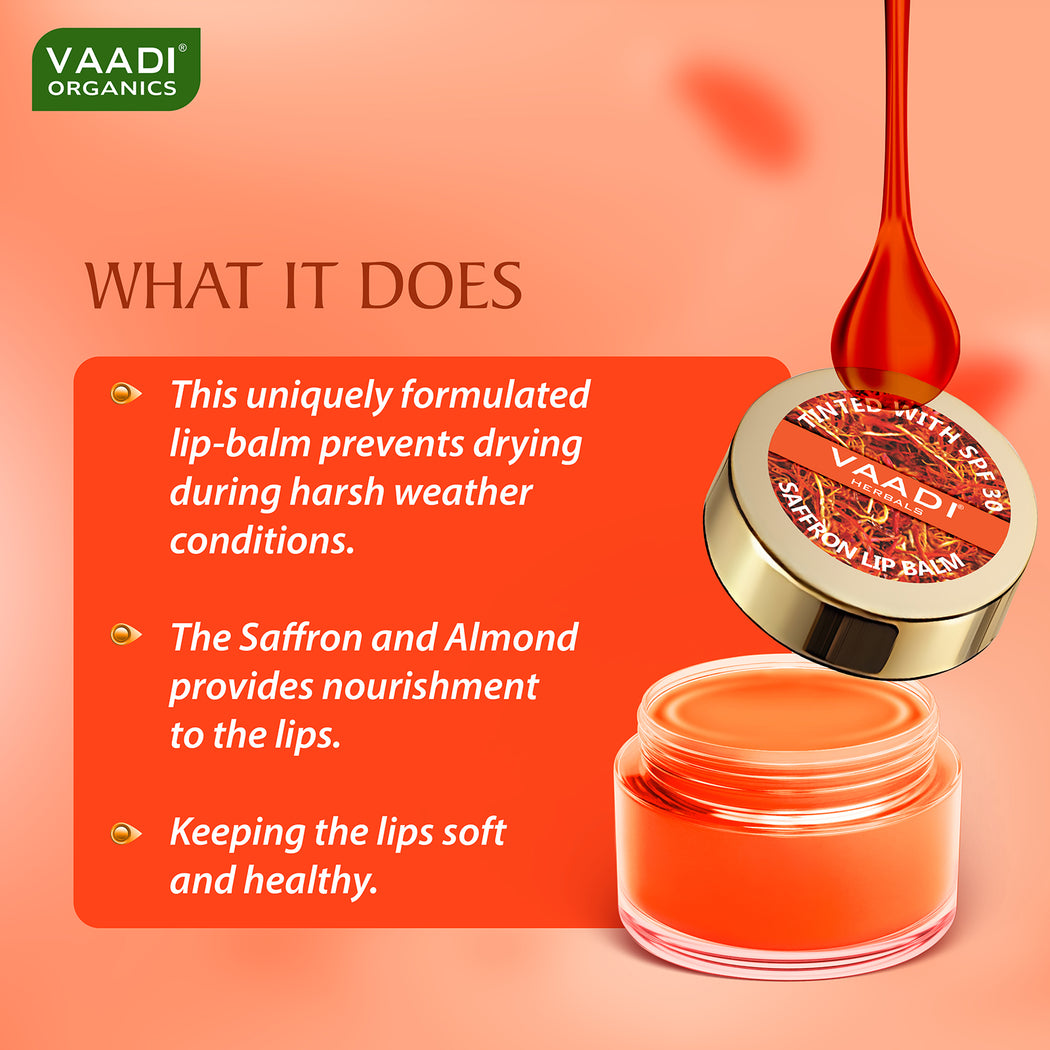 Tinted Saffron Lip Balm with SPF30 for Dry, Chapped & Sun Damaged Lips (10 gms / 0.4 oz)