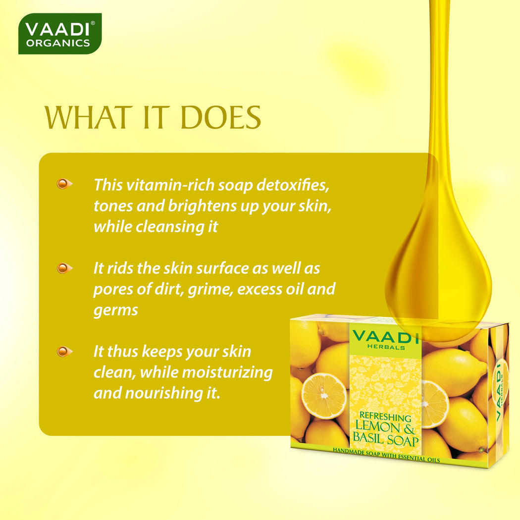Refreshing Organic Lemon & Basil Soap - Tones & Brightens Skin - Detoxifies Skin Deep (12 x 75 gms / 2.7 oz)