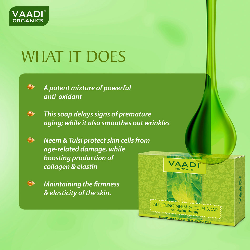 Organic Alluring Neem Tulsi Soap with Aloe Vera, Vitamin E & Tea Tree Oil - Prevents Ageing - Protects Skin (12 x 75 gms / 2.7 oz)
