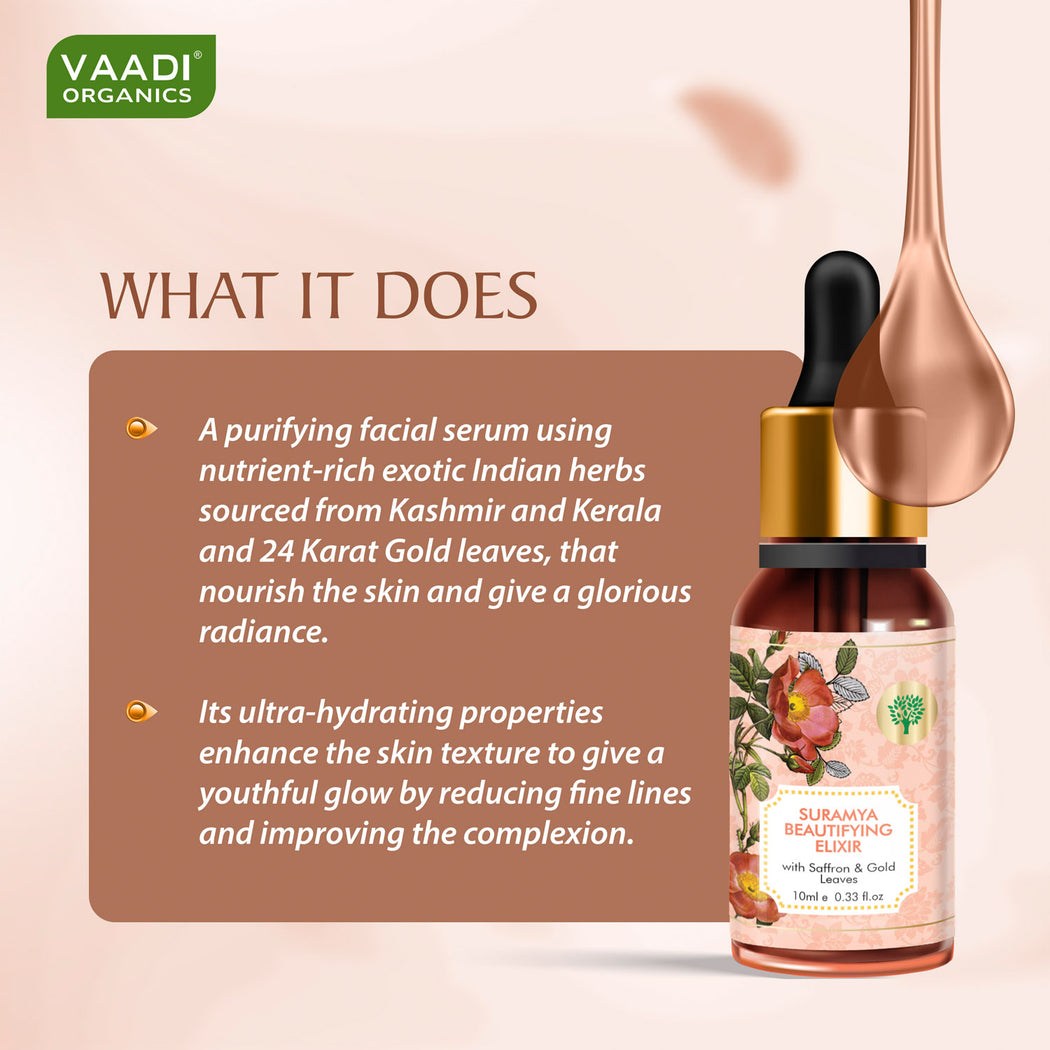 Organic Suramya Beautifying Elixr (Pure Mix of Saffron, 24k Gold Leaves & Sweet Almond Oil) - Reduces Fine Lines, Improves Skin Complexion & Gives a Natural Glow (10 ml/ 0.33 oz)