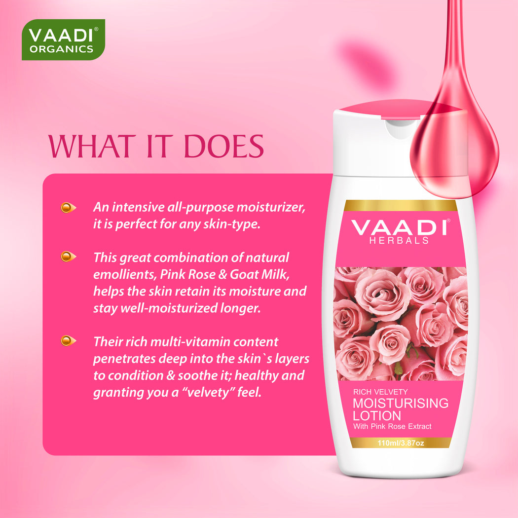 Organic Rich Velvety Moisturising Lotion with Pink Rose Extract - Retains Moisture in Skin - Makes Skin Velvety Soft (110 ml / 4 fl oz)