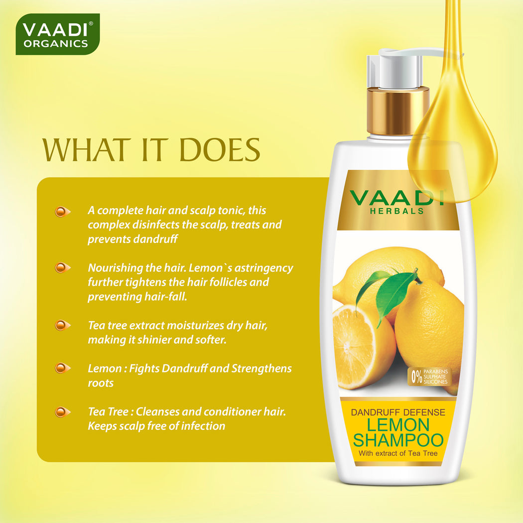 Dandruff Defense Organic Lemon Shampoo with Tea Tree Extract - Disinfects Scalp - Prevents Hairfall (3 x 350 ml/ 12 fl oz)