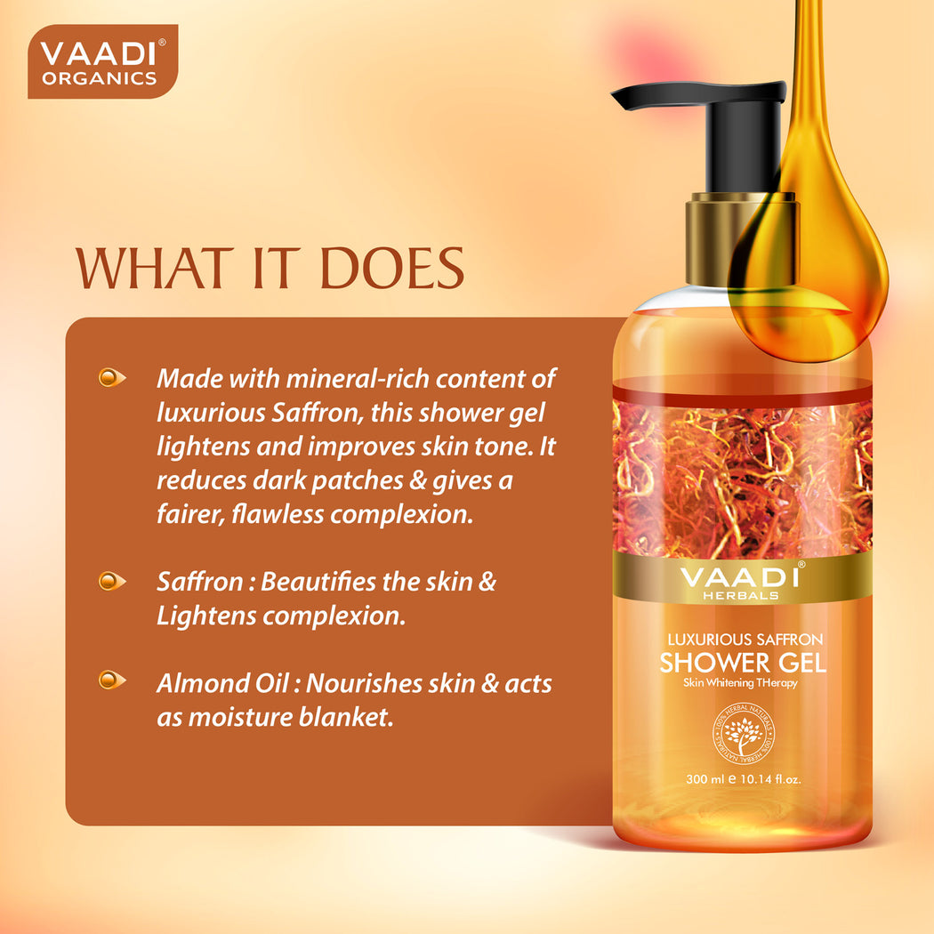 Luxurious Organic Saffron Shower Gel - Skin Lightening Therapy - Reduces Pigmentation Marks (300 ml / 10.2 fl oz)