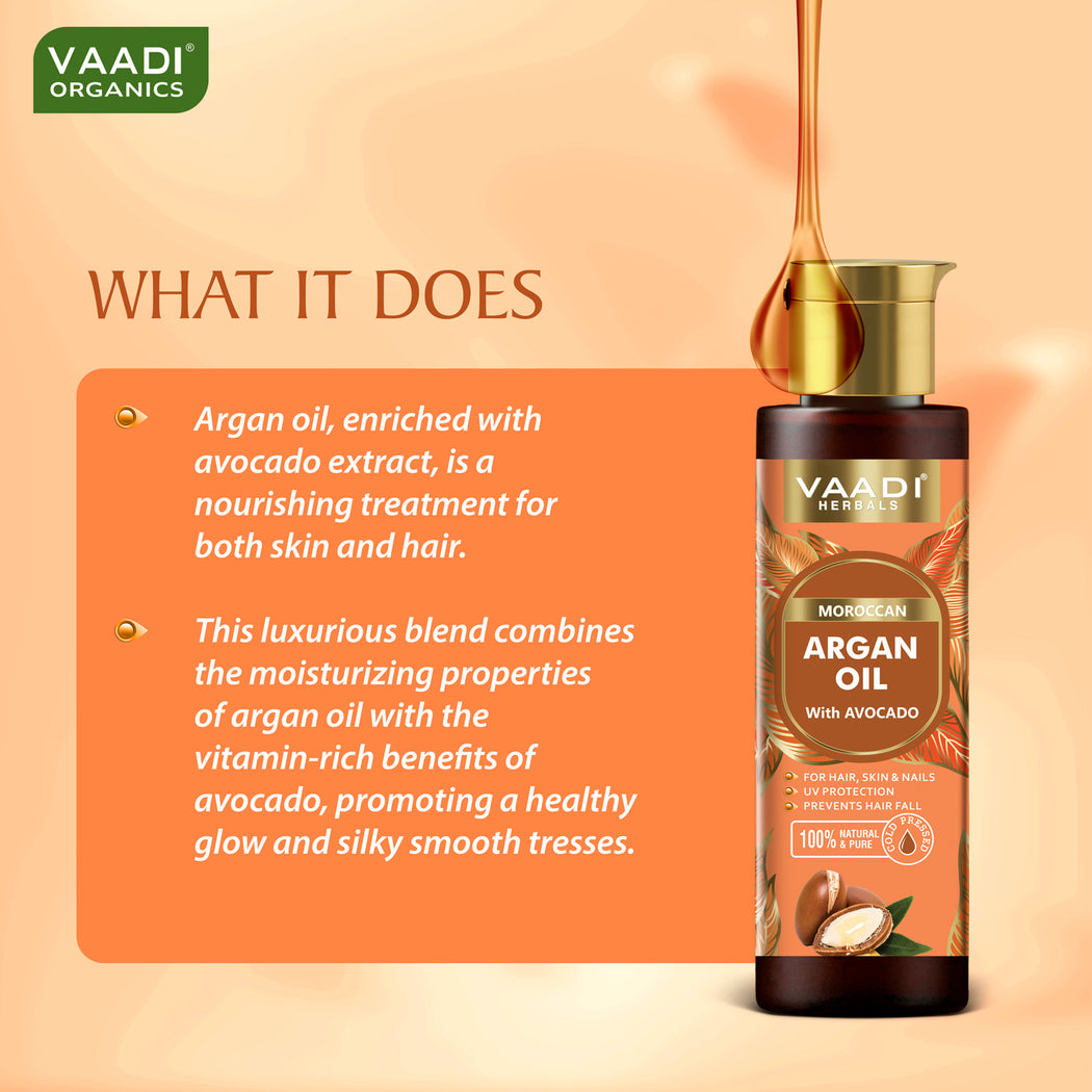 Organic Morrocon Argan Oil with Avocado - For Hair, Skin & Nails - Promotes Hair Growth - Skin Moisturisation - Healthy Nail Growth - UV Protection - Cold Pressed (120 ml / 4.05 oz)