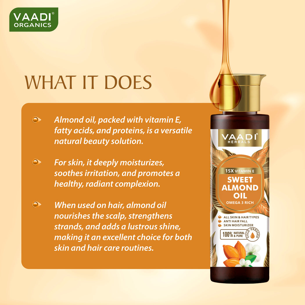 Organic Sweet Almond Oil with Vitamin E - Anti Hair Fall - Removes Dark Circles - Skin Moisturiser - Promotes Hair Growth - Cold Pressed (120 ml / 4.05 oz)