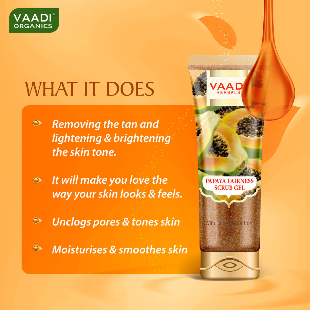 Organic Papaya Fairness Scrub Gel with Honey & Saffron - Lightens Tan - Smoothens Skin Texture - Makes Skin Flawless (110 gms / 4 oz)