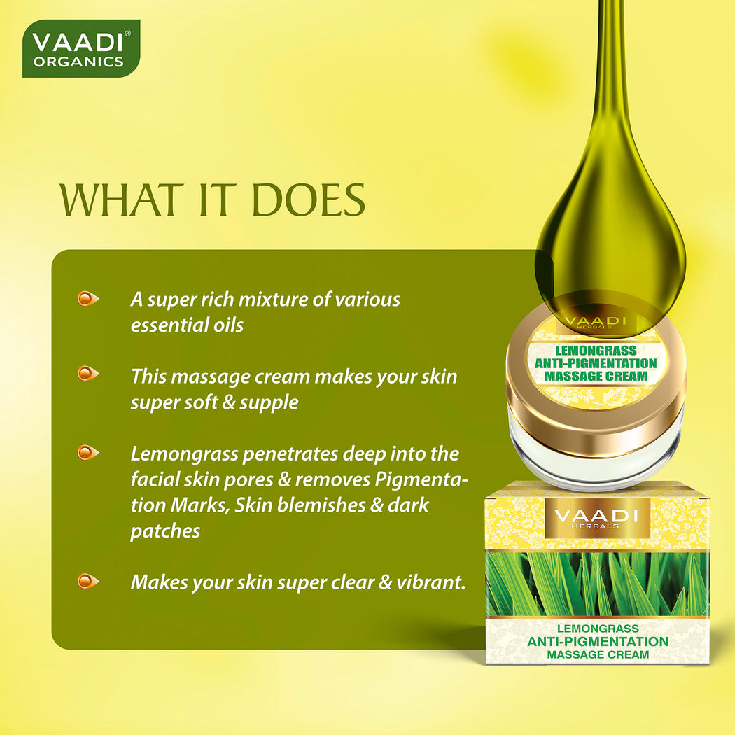 Anti Pigmentation Organic Lemongrass Massage Cream - Unclogs Pores - Makes Skin Smooth & Clear (50 gms / 2 oz)