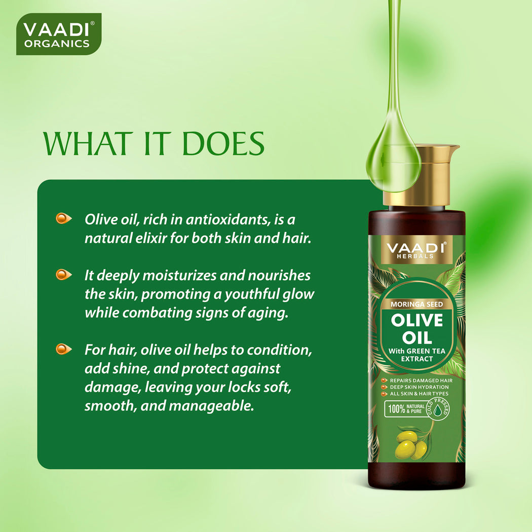Organic Moringa Seed Olive Oil with Green Tea Extract - Repairs Damaged Hair - Deep Moisturisation - Skin Hydrating - Strengthens Hair - For All Types of Skin & Hair - Cold Pressed (120 ml / 4.05 oz)