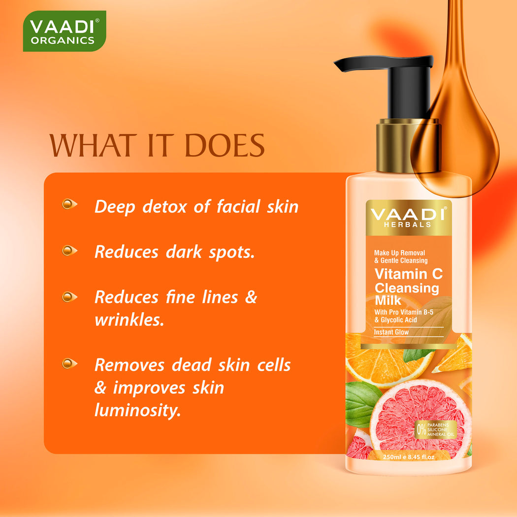 Organic Vitamin C Cleansing Milk With Pro Vitamin B-5 & Glycolic Acid For Instant Glow (250 ml / 8.5 fl oz )
