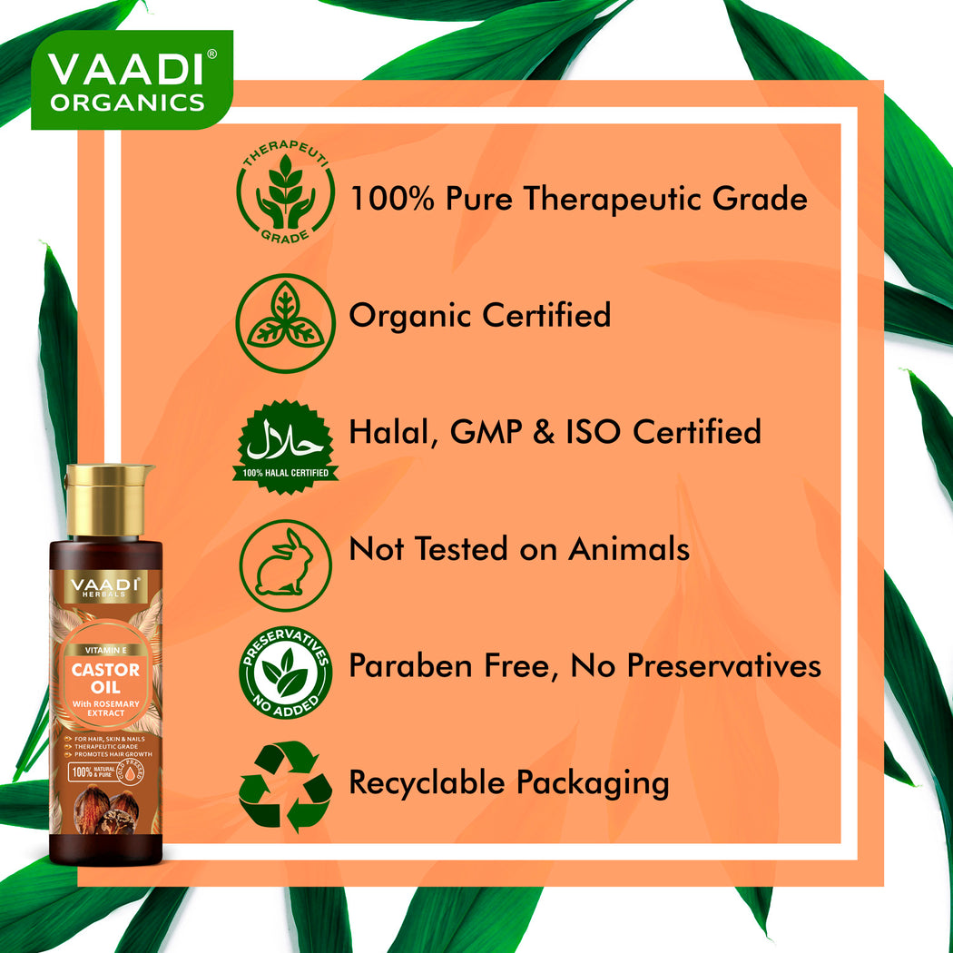 Organic Vitamin E Castor Oil with Rosemary Extract - For Hair, Skin & Nails - Promotes Hair Growth - Skin Hydrating - Strengthens Nails - Provides Shine - Reduces Hair Breakage - Cold Pressed (120 ml / 4.05 oz)
