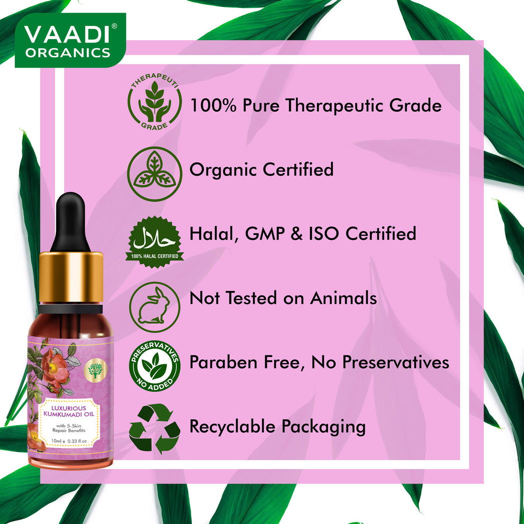 Organic Luxurious Kumkumadi Oil (Pure Mix of Saffron, Sandalwood, Manjistha & Almond Oil) - Reduces Dark Circles, Pigmentation & Brightens Complexion (10 ml/ 0.33 oz)