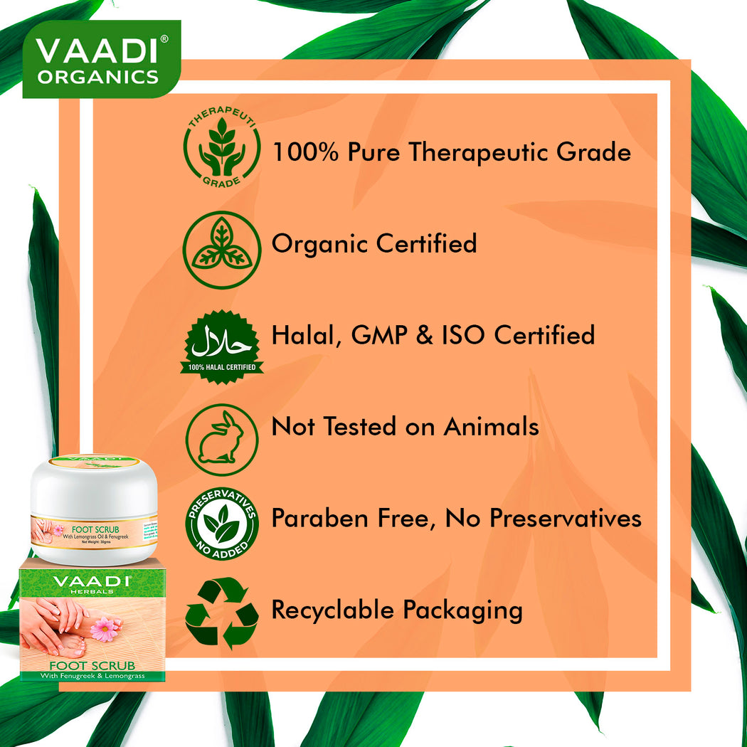Organic Foot Scrub with Fenugreek & Lemongrass Oil - Therapeutic Exfoliates - Rejuvenates Damaged Skin - Softens Skin (3 x 30 gms / 1.1 oz)