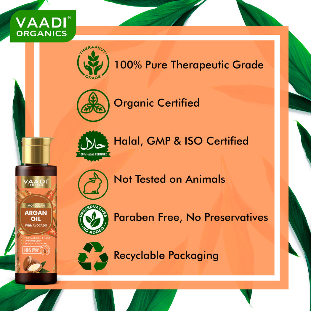 Organic Morrocon Argan Oil with Avocado - For Hair, Skin & Nails - Promotes Hair Growth - Skin Moisturisation - Healthy Nail Growth - UV Protection - Cold Pressed (120 ml / 4.05 oz)