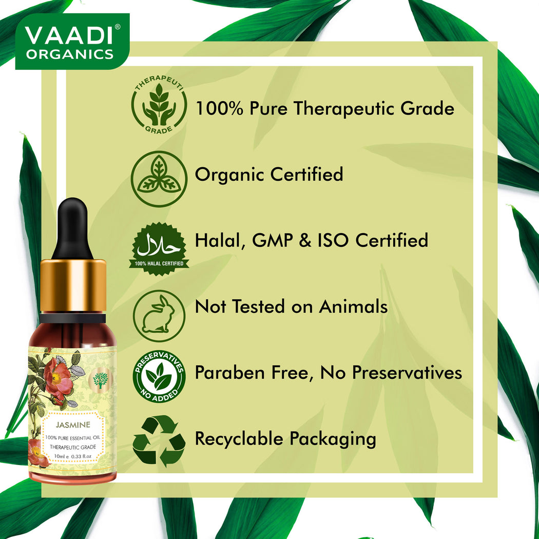 Organic Jasmine Essential Oil - Nourishes Dry & Damaged Hair, Improves Sleep, Uplifts Mood, Reduces Acne & Blemishes - 100% Pure Therapeutic Grade (10 ml/ 0.33 oz)