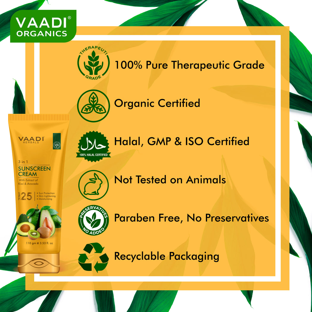 Organic Sunscreen Cream SPF 25 with Kiwi & Avocado Extract - Protects & Nourishes Skin - Enhances Complexion (110 gms / 4 oz)