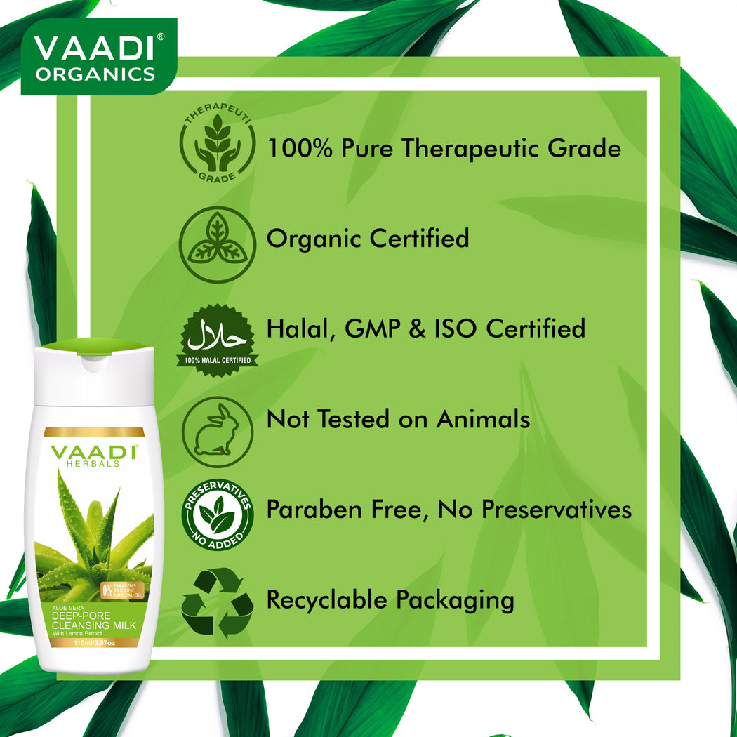Organic Aloe Vera Deep Pore Cleansing Milk with Lemon Extract - Cleanses & Softens Skin - Locks In Moisture All Day (110 ml/ 4 fl oz)