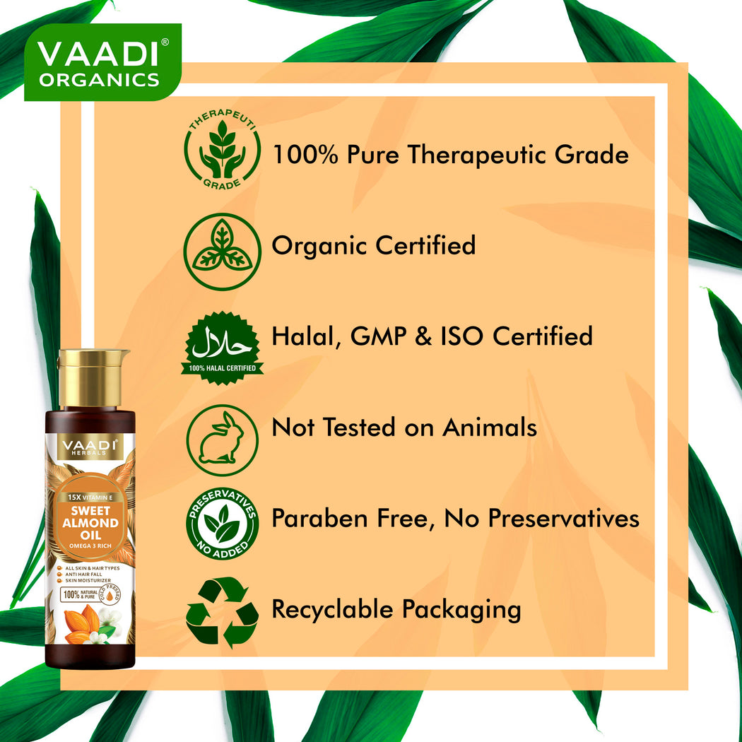Organic Sweet Almond Oil with Vitamin E - Anti Hair Fall - Removes Dark Circles - Skin Moisturiser - Promotes Hair Growth - Cold Pressed (120 ml / 4.05 oz)