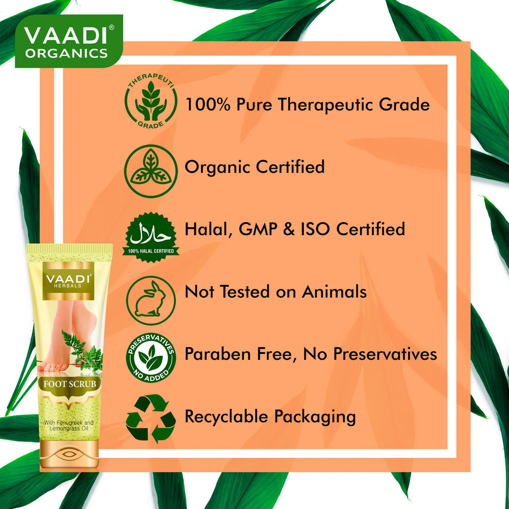 Organic Foot Scrub with Fenugreek & Lemongrass Oil - Therapeutic Exfoliates - Rejuvenates Damaged Skin - Softens Skin (2 x 110 gms / 4 oz)