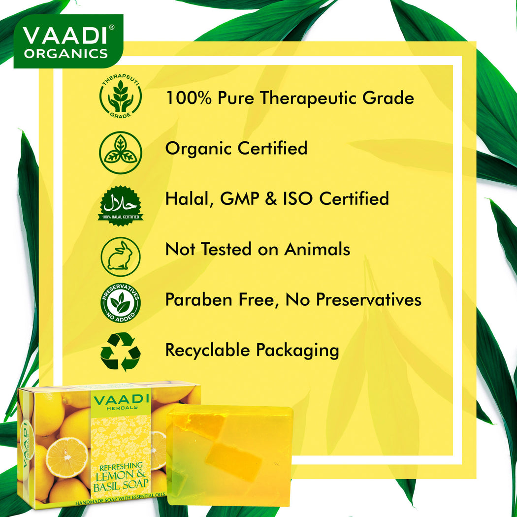 Refreshing Organic Lemon & Basil Soap - Tones & Brightens Skin - Detoxifies Skin Deep (12 x 75 gms / 2.7 oz)